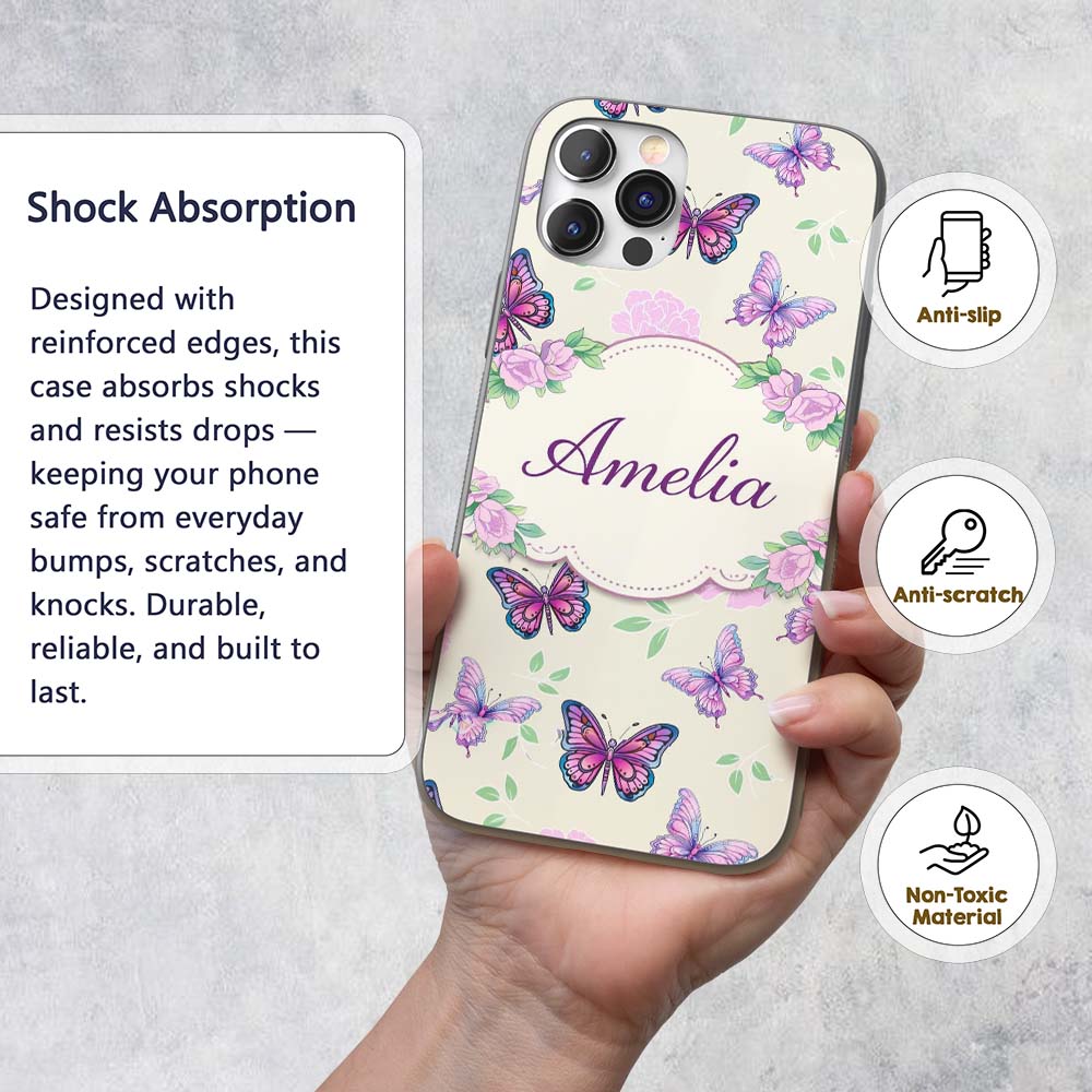 Pink Purple Butterfly Floral Beige Background Custom Name Protective Phone Case Mobile Cover Durable Everyday Smartphone Shock Resistant