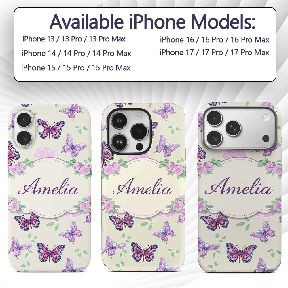 Pink Purple Butterfly Floral Beige Background Custom Name Protective Phone Case Mobile Cover Durable Everyday Smartphone Shock Resistant