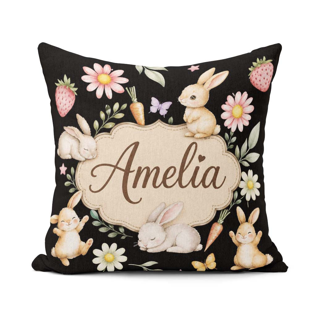 Custom Name Bunny Rabbits Carrots Flowers Spring Garden Seamless Square Filled Cushion Throw Pillow Sofa Bed Home Decor Zip Washable UK Made