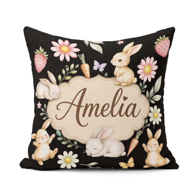 Custom Name Bunny Rabbits Carrots Flowers Spring Garden Seamless Square Filled Cushion Throw Pillow Sofa Bed Home Decor Zip Washable UK Made