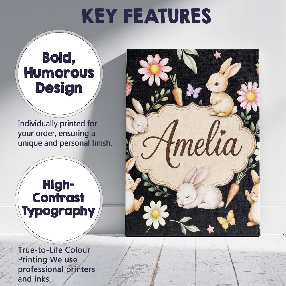 Personalised Name Cute Bunny Rabbits Custom Premium Decorative Design Modern Room Accent Canvas Wall Art Print Decor Picture Ready to Hang