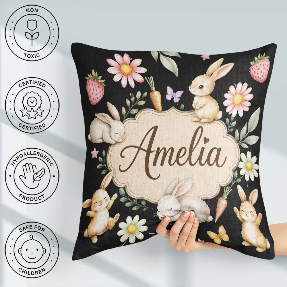 Custom Name Bunny Rabbits Carrots Flowers Spring Garden Seamless Square Filled Cushion Throw Pillow Sofa Bed Home Decor Zip Washable UK Made
