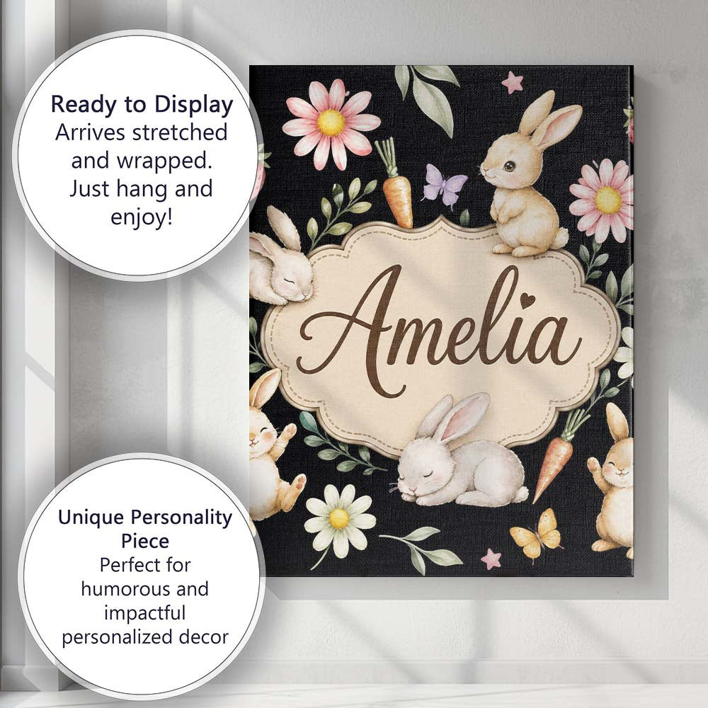 Personalised Name Cute Bunny Rabbits Custom Premium Decorative Design Modern Room Accent Canvas Wall Art Print Decor Picture Ready to Hang