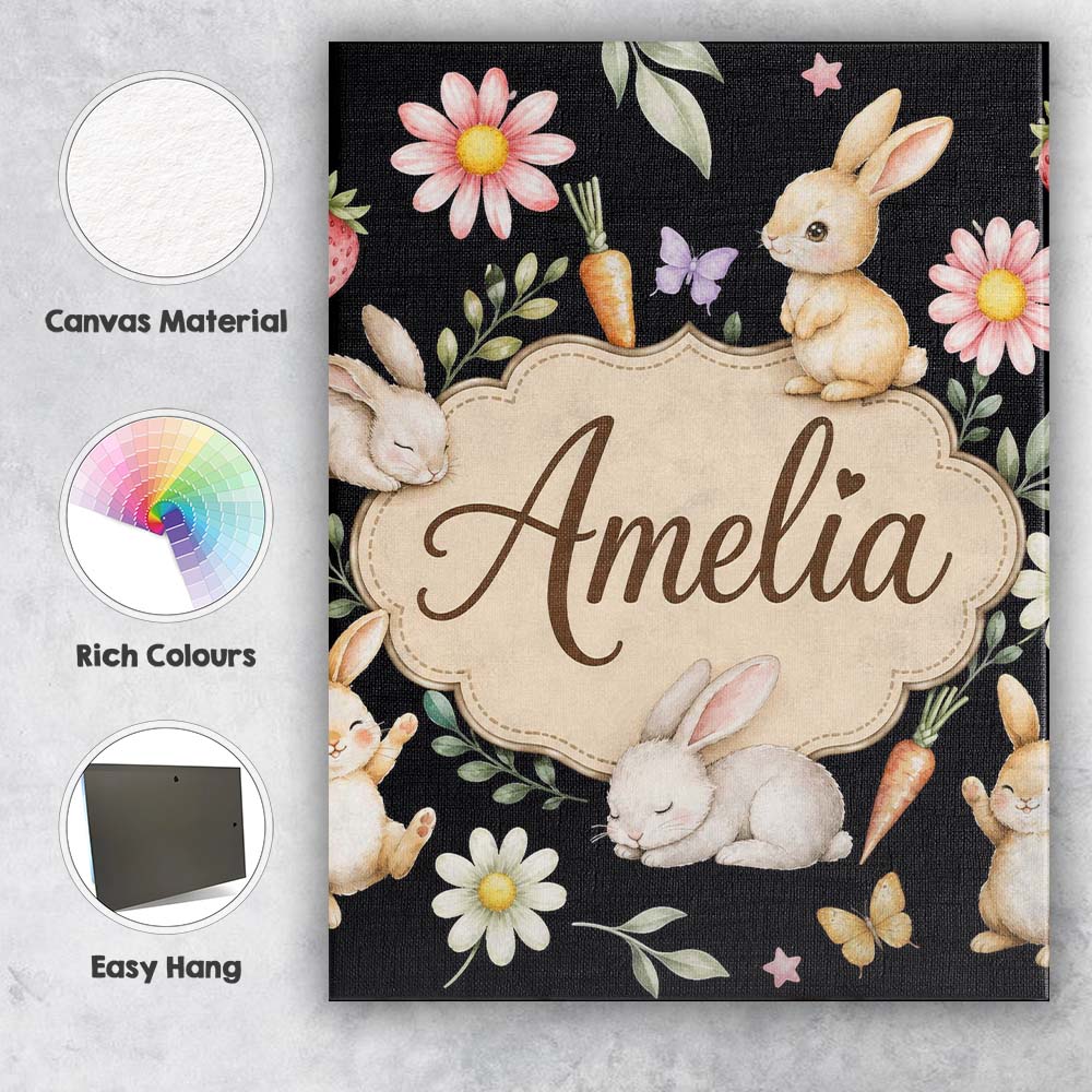 Personalised Name Cute Bunny Rabbits Custom Premium Decorative Design Modern Room Accent Canvas Wall Art Print Decor Picture Ready to Hang