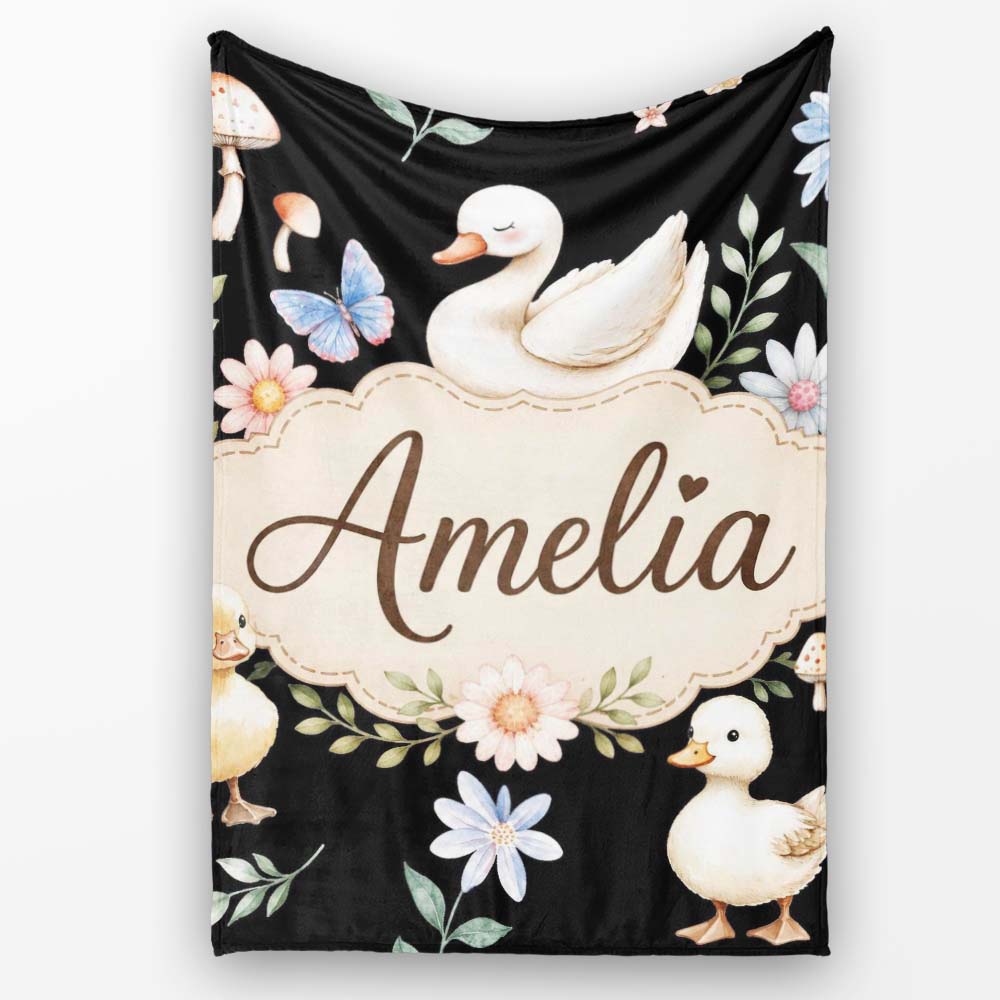 Swan Duckling Butterflies Flowers Mushrooms Soft Watercolor  Personalised Custom Name Super Soft Fleece Blanket Bed Sofa Throw