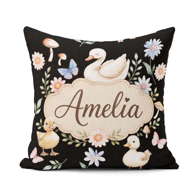 Custom Name Swan Duckling Butterflies Mushrooms Soft Watercolor Square Filled Cushion Throw Pillow Sofa Bed Home Decor Zip Washable UK Made