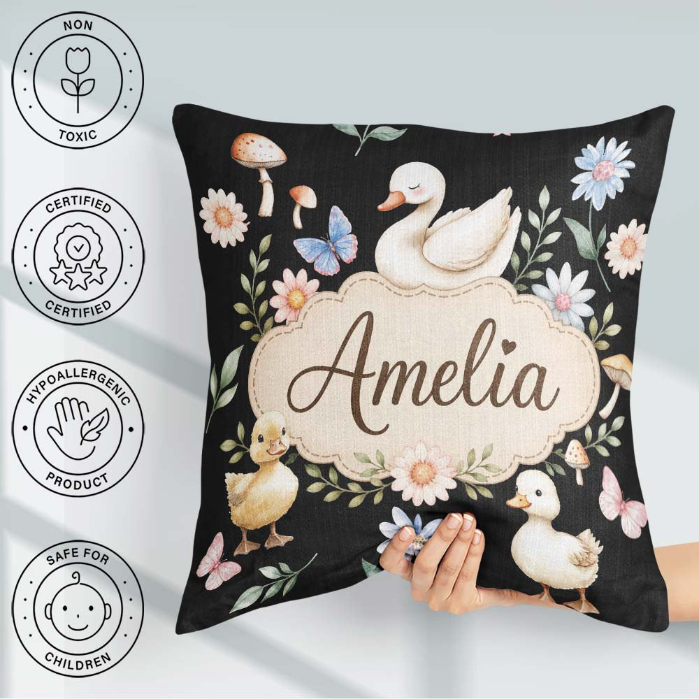 Custom Name Swan Duckling Butterflies Mushrooms Soft Watercolor Square Filled Cushion Throw Pillow Sofa Bed Home Decor Zip Washable UK Made