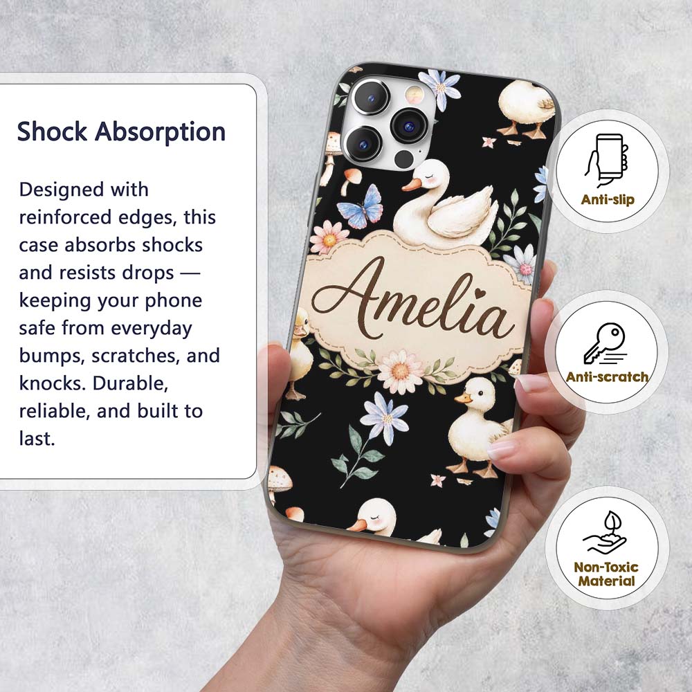 Swan Duckling Butterflies Flowers Mushrooms Soft Custom Name Protective Phone Case Mobile Cover Durable Everyday Smartphone Shock Resistant
