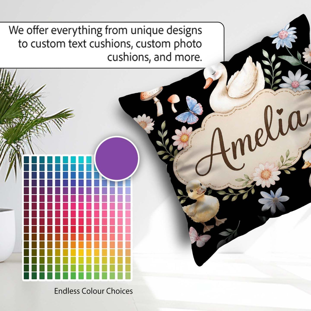 Custom Name Swan Duckling Butterflies Mushrooms Soft Watercolor Square Filled Cushion Throw Pillow Sofa Bed Home Decor Zip Washable UK Made