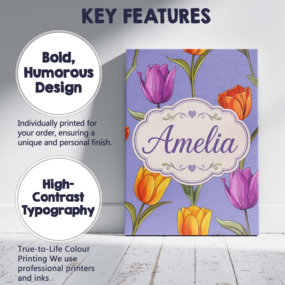 Personalised Name Colorful Tulip Flowers Custom  Unique Gift Idea Elegant Feature Canvas Wall Art Print Decor Picture Ready to Hang