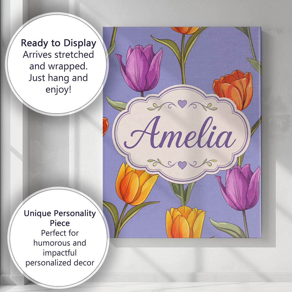 Personalised Name Colorful Tulip Flowers Custom  Unique Gift Idea Elegant Feature Canvas Wall Art Print Decor Picture Ready to Hang