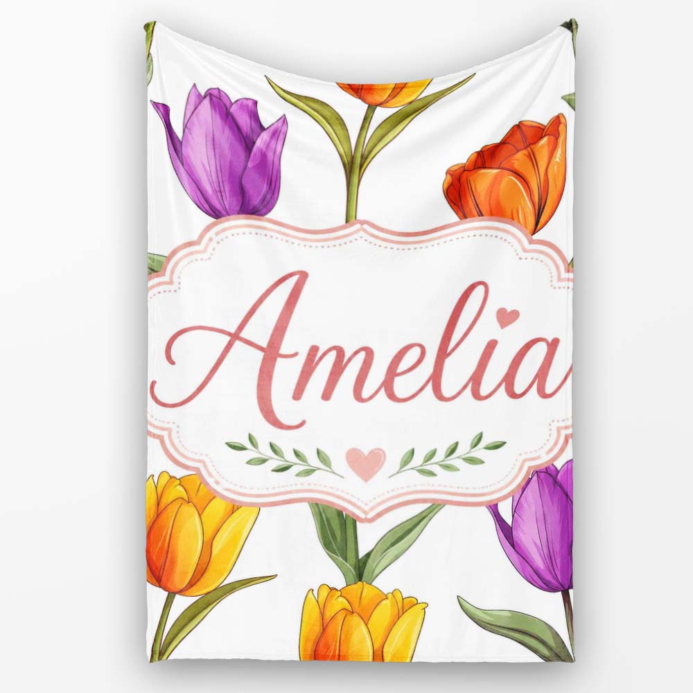 Colorful Tulip Flowers White Background Spring Floral Seamless  Personalised Custom Name Super Soft Fleece Blanket Bed Sofa Throw