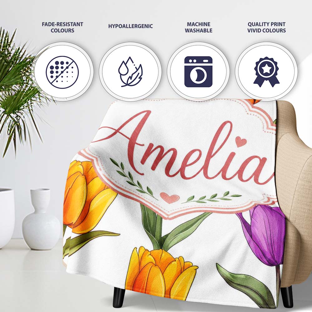 Colorful Tulip Flowers White Background Spring Floral Seamless  Personalised Custom Name Super Soft Fleece Blanket Bed Sofa Throw