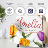 Colorful Tulip Flowers White Background Spring Floral Seamless  Personalised Custom Name Super Soft Fleece Blanket Bed Sofa Throw