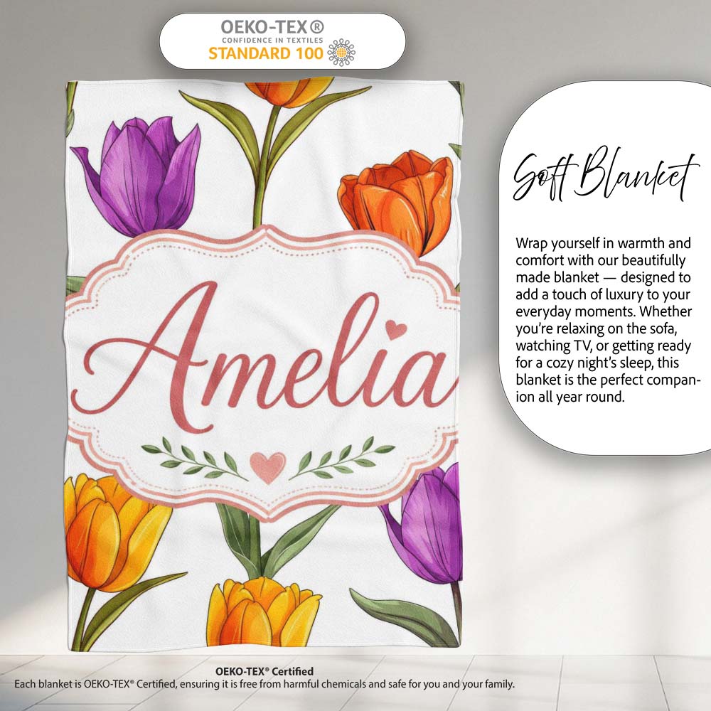 Colorful Tulip Flowers White Background Spring Floral Seamless  Personalised Custom Name Super Soft Fleece Blanket Bed Sofa Throw