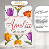 Colorful Tulip Flowers White Background Spring Floral Seamless  Personalised Custom Name Super Soft Fleece Blanket Bed Sofa Throw
