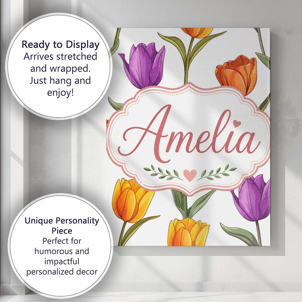 Personalised Name Colorful Tulip Flowers Custom  Unique Gift Idea Elegant Feature Canvas Wall Art Print Decor Picture Ready to Hang
