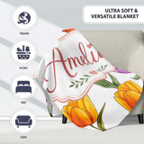 Colorful Tulip Flowers White Background Spring Floral Seamless  Personalised Custom Name Super Soft Fleece Blanket Bed Sofa Throw