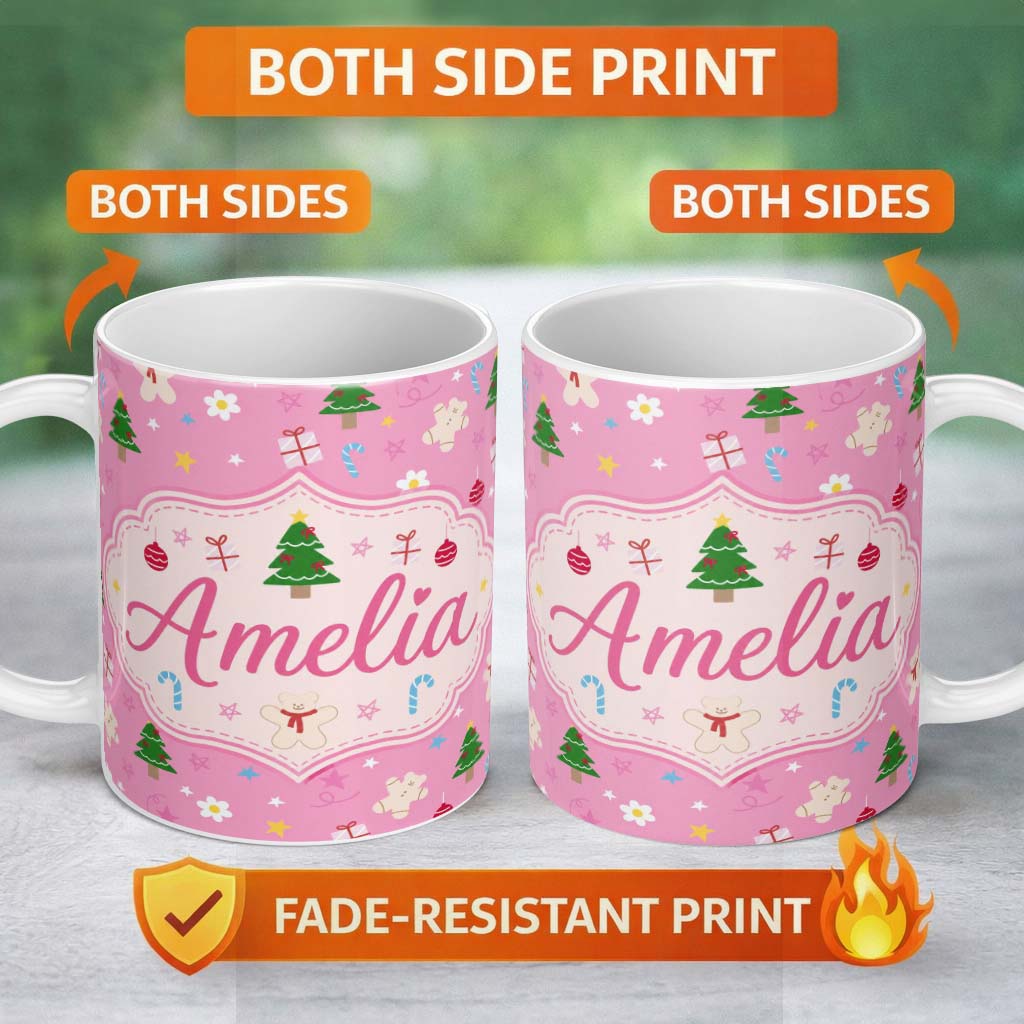 Personalized Custom Name Cute Christmas Tree Gingerbread Cookie Candy Cane Seamless Pattern 11oz Ceramic Coffee Tea Mug White Large Handle