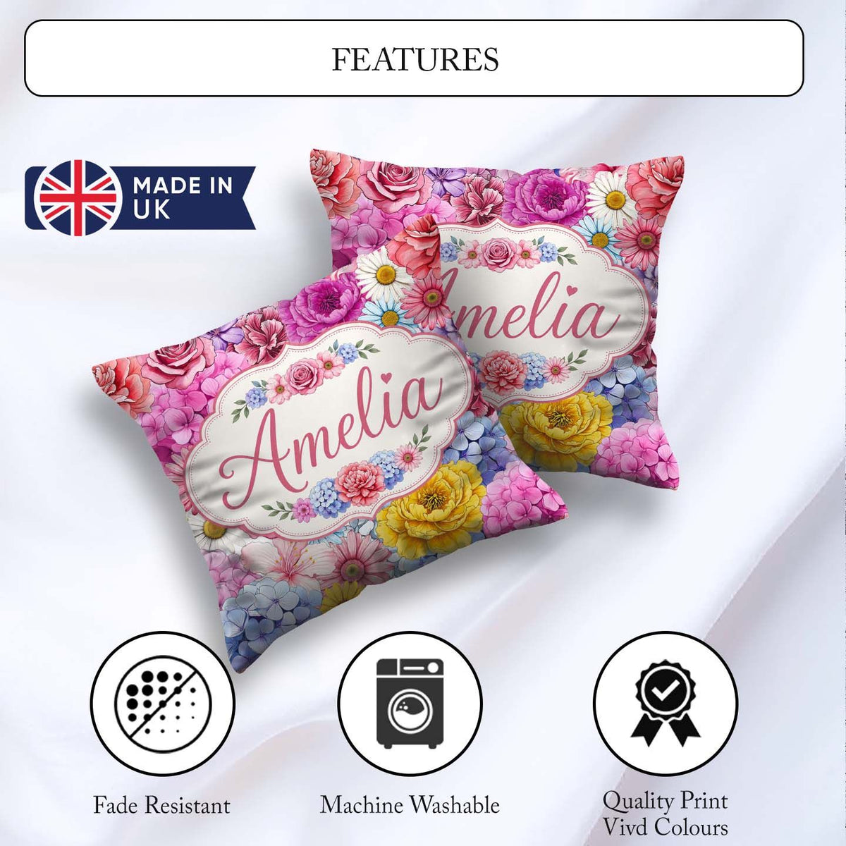 Custom Name Pink Floral Roses Peony Hydrangea Seamless Name Cute Square Filled Cushion Throw Pillow Sofa Bed Home Decor Zip Washable UK Made