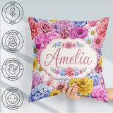 Custom Name Pink Floral Roses Peony Hydrangea Seamless Name Cute Square Filled Cushion Throw Pillow Sofa Bed Home Decor Zip Washable UK Made