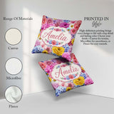 Custom Name Pink Floral Roses Peony Hydrangea Seamless Name Cute Square Filled Cushion Throw Pillow Sofa Bed Home Decor Zip Washable UK Made