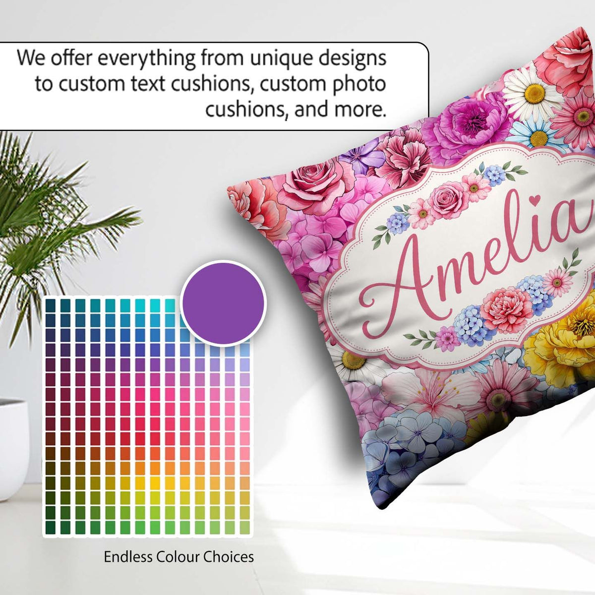 Custom Name Pink Floral Roses Peony Hydrangea Seamless Name Cute Square Filled Cushion Throw Pillow Sofa Bed Home Decor Zip Washable UK Made