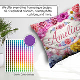 Custom Name Pink Floral Roses Peony Hydrangea Seamless Name Cute Square Filled Cushion Throw Pillow Sofa Bed Home Decor Zip Washable UK Made