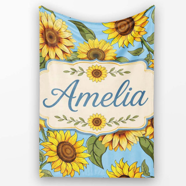 Bright Yellow Sunflower Blue Background Seamless Pattern Name Cute  Personalised Custom Name Super Soft Fleece Blanket Bed Sofa Throw