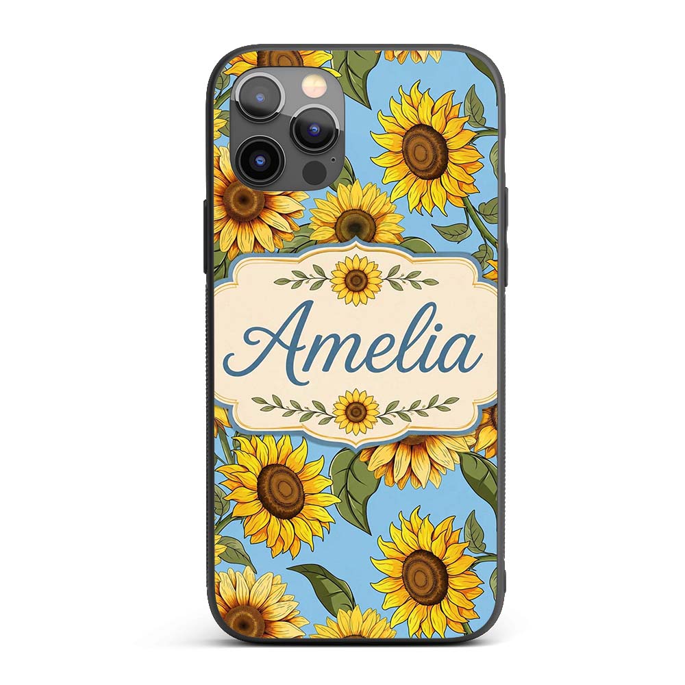 Bright Yellow Sunflower Blue Background Seamless Custom Name Protective Phone Case Mobile Cover Durable Everyday Smartphone Shock Resistant