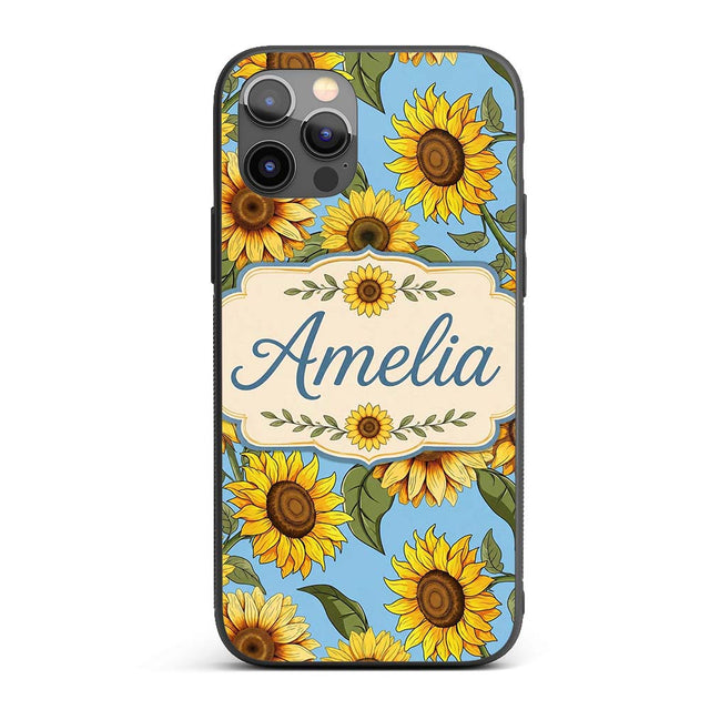 Bright Yellow Sunflower Blue Background Seamless Custom Name Protective Phone Case Mobile Cover Durable Everyday Smartphone Shock Resistant