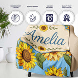 Bright Yellow Sunflower Blue Background Seamless Pattern Name Cute  Personalised Custom Name Super Soft Fleece Blanket Bed Sofa Throw