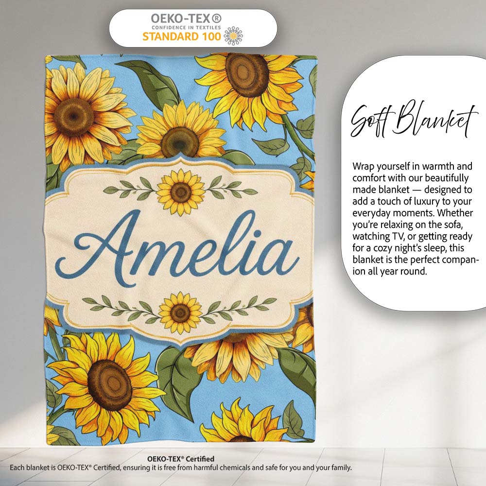 Bright Yellow Sunflower Blue Background Seamless Pattern Name Cute  Personalised Custom Name Super Soft Fleece Blanket Bed Sofa Throw