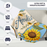 Bright Yellow Sunflower Blue Background Seamless Pattern Name Cute  Personalised Custom Name Super Soft Fleece Blanket Bed Sofa Throw