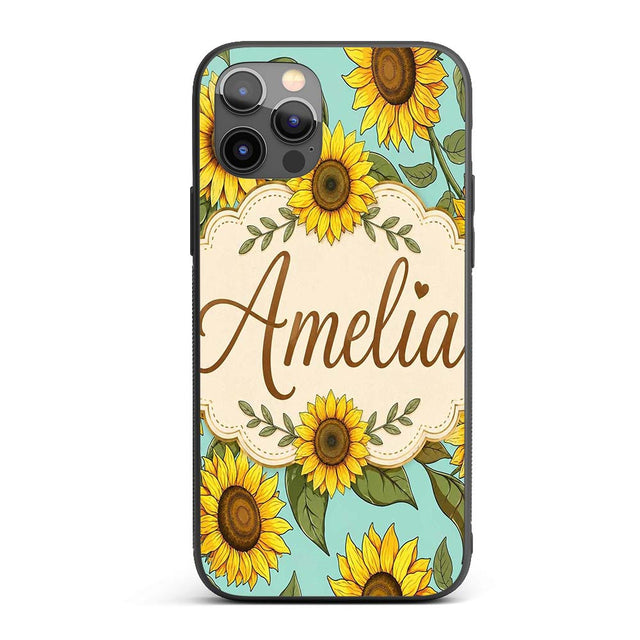 Bright Yellow Sunflower Green Background Seamless Custom Name Protective Phone Case Mobile Cover Durable Everyday Smartphone Shock Resistant