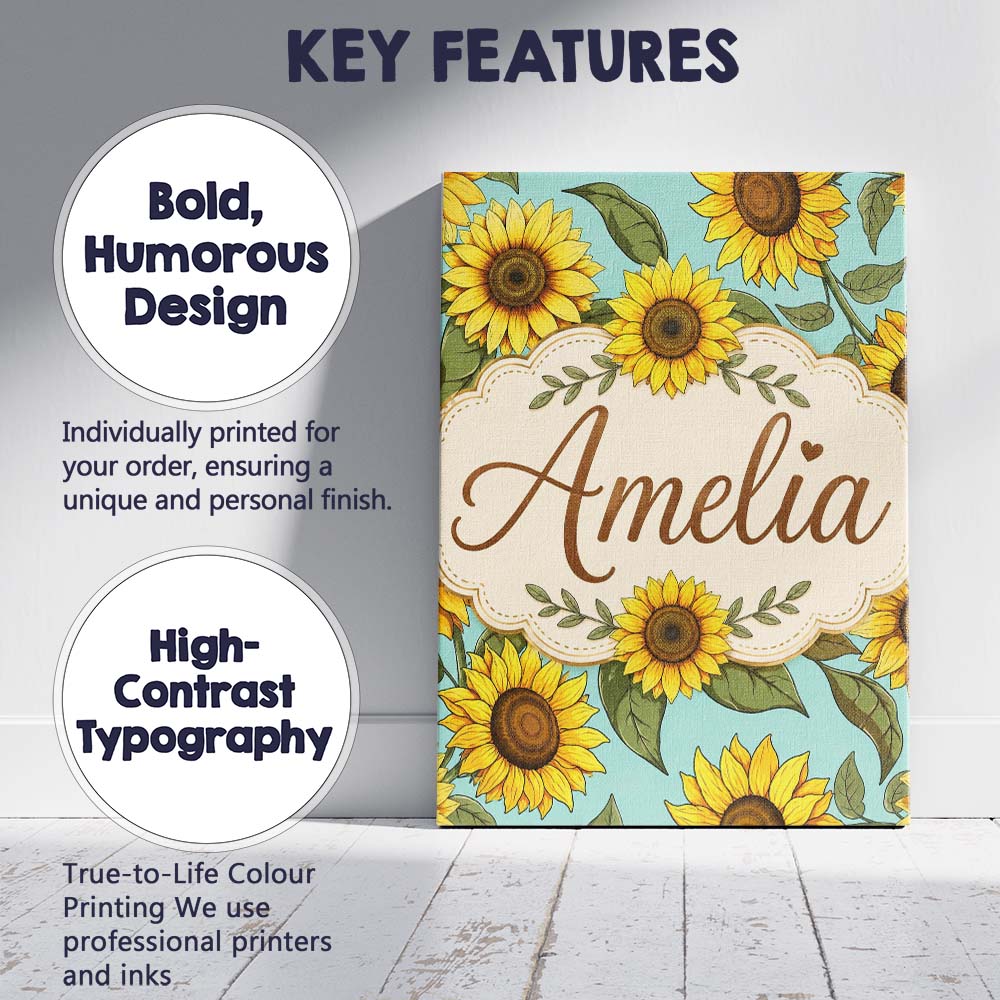 Personalised Name Bright Yellow Sunflower Custom  Unique Gift Idea Elegant Feature Canvas Wall Art Print Decor Picture Ready to Hang