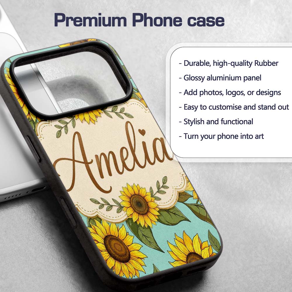 Bright Yellow Sunflower Green Background Seamless Custom Name Protective Phone Case Mobile Cover Durable Everyday Smartphone Shock Resistant