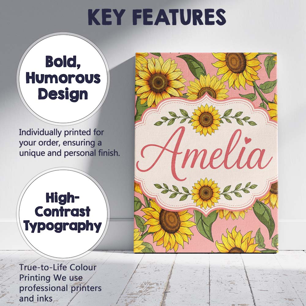 Personalised Name Bright Yellow Sunflower Custom  Unique Gift Idea Elegant Feature Canvas Wall Art Print Decor Picture Ready to Hang
