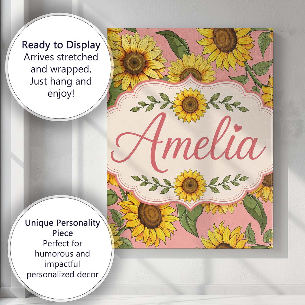 Personalised Name Bright Yellow Sunflower Custom  Unique Gift Idea Elegant Feature Canvas Wall Art Print Decor Picture Ready to Hang