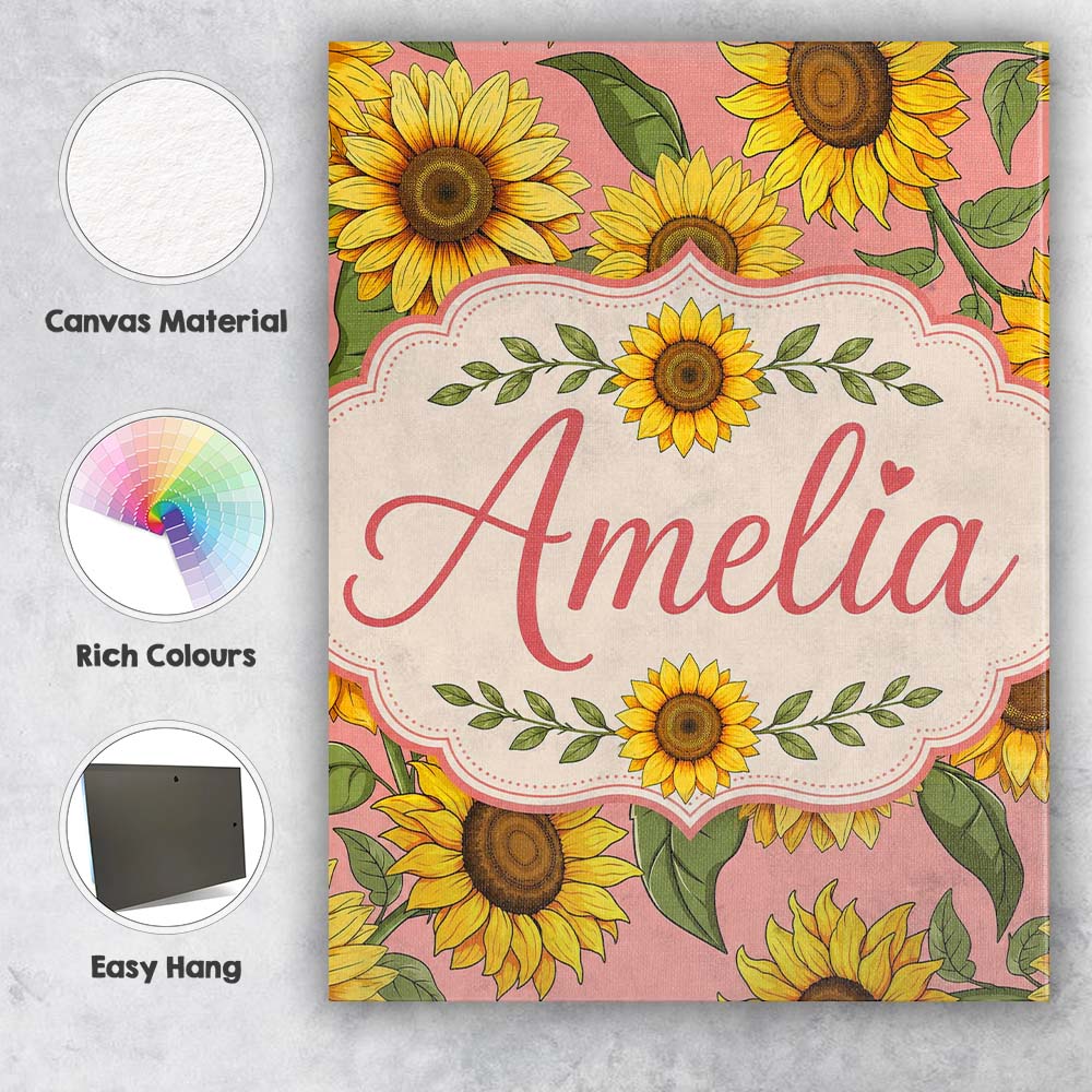 Personalised Name Bright Yellow Sunflower Custom  Unique Gift Idea Elegant Feature Canvas Wall Art Print Decor Picture Ready to Hang