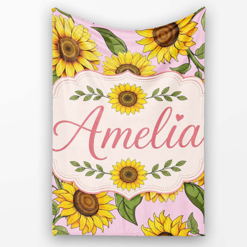 Bright Yellow Sunflower Soft Pink Background Seamless Pattern Name  Personalised Custom Name Super Soft Fleece Blanket Bed Sofa Throw