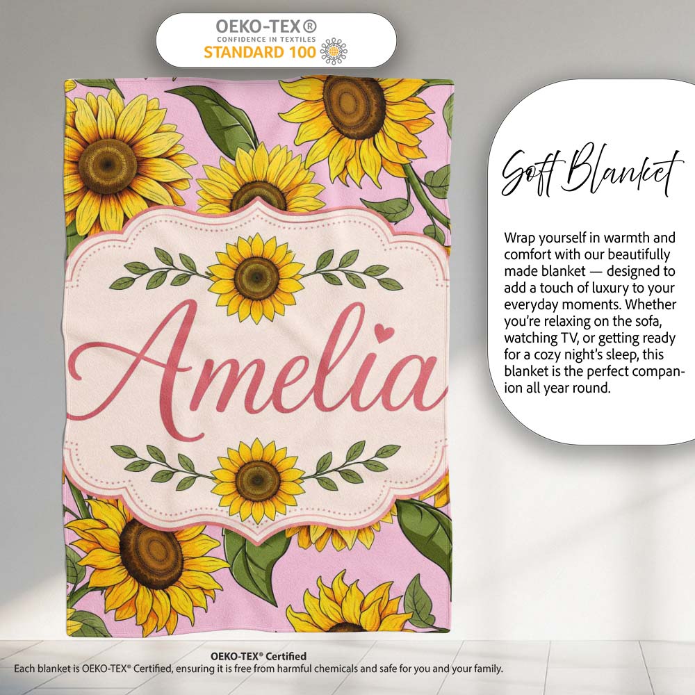 Bright Yellow Sunflower Soft Pink Background Seamless Pattern Name  Personalised Custom Name Super Soft Fleece Blanket Bed Sofa Throw