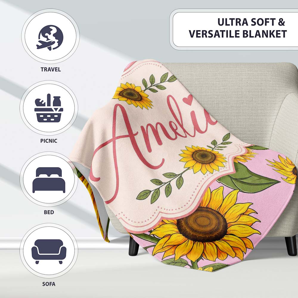 Bright Yellow Sunflower Soft Pink Background Seamless Pattern Name  Personalised Custom Name Super Soft Fleece Blanket Bed Sofa Throw