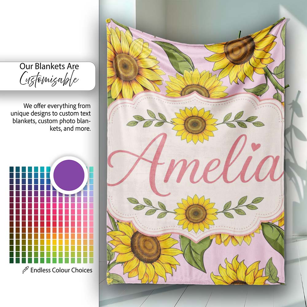 Bright Yellow Sunflower Soft Pink Background Seamless Pattern Name  Personalised Custom Name Super Soft Fleece Blanket Bed Sofa Throw