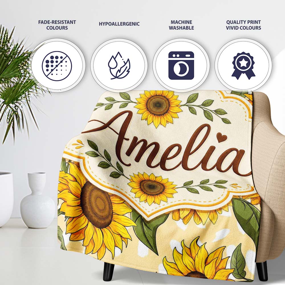 Bright Yellow Sunflower Cream Abstract Background Seamless Pattern  Personalised Custom Name Super Soft Fleece Blanket Bed Sofa Throw