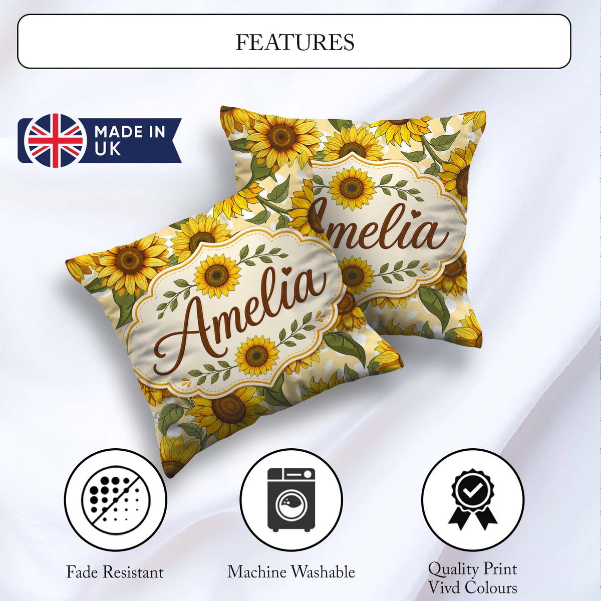 Custom Name Bright Yellow Sunflower Abstract Background Seamless Square Filled Cushion Throw Pillow Sofa Bed Home Decor Zip Washable UK Made