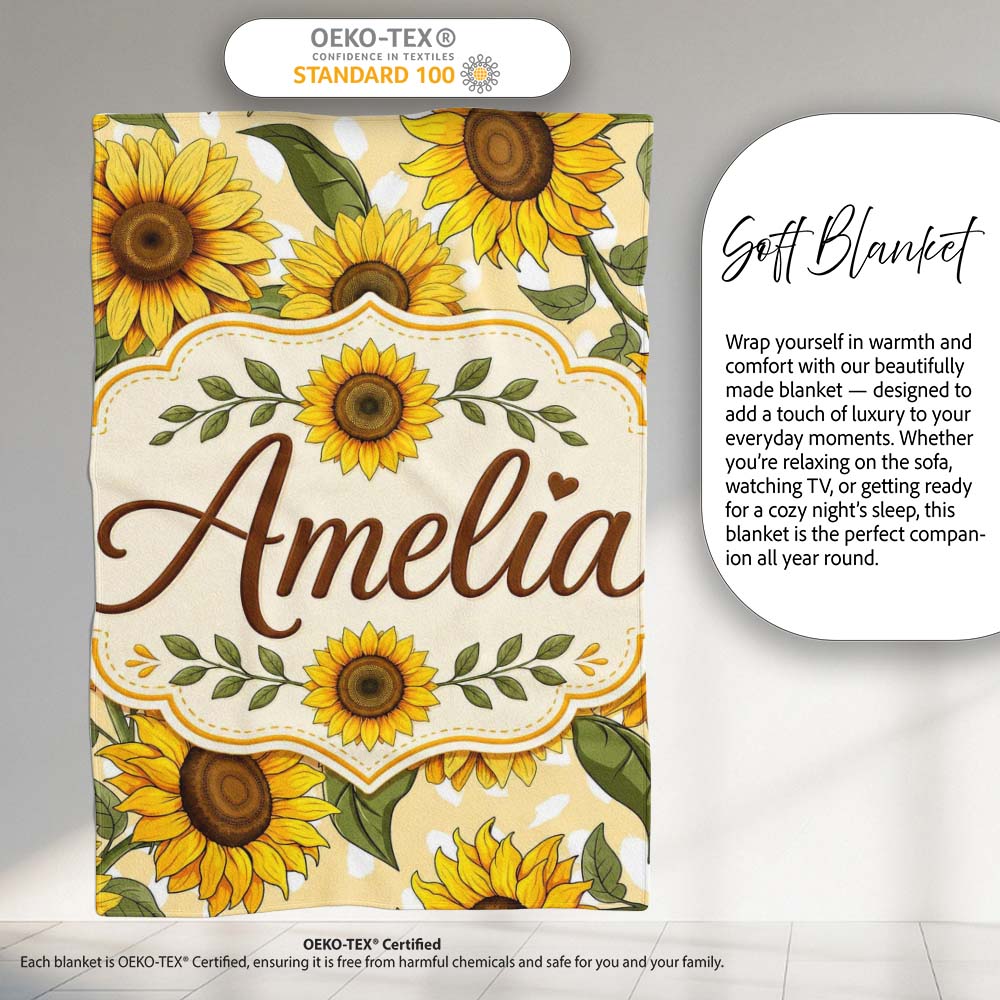 Bright Yellow Sunflower Cream Abstract Background Seamless Pattern  Personalised Custom Name Super Soft Fleece Blanket Bed Sofa Throw