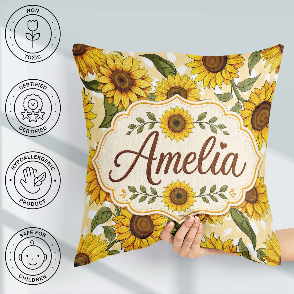 Custom Name Bright Yellow Sunflower Abstract Background Seamless Square Filled Cushion Throw Pillow Sofa Bed Home Decor Zip Washable UK Made