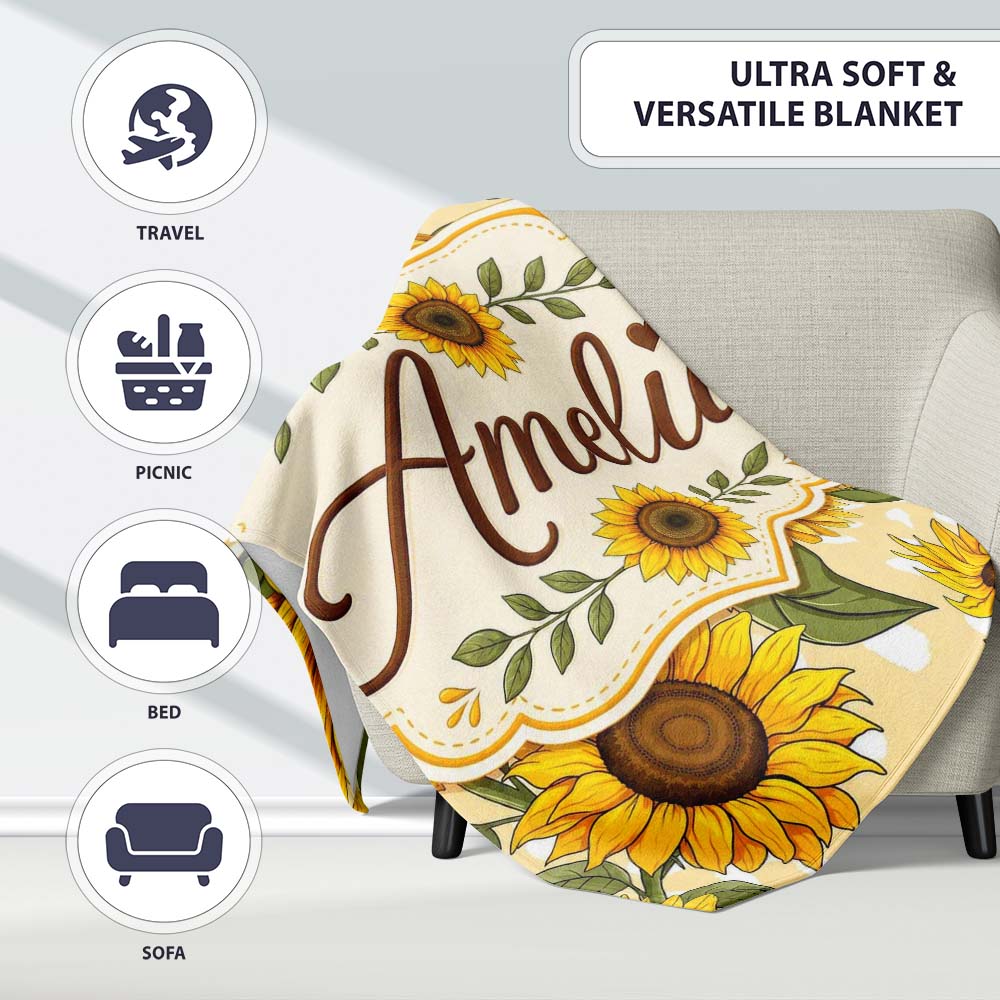 Bright Yellow Sunflower Cream Abstract Background Seamless Pattern  Personalised Custom Name Super Soft Fleece Blanket Bed Sofa Throw