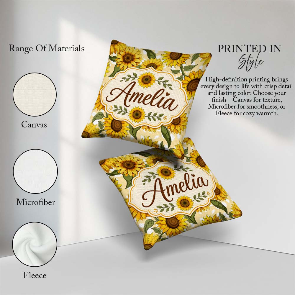 Custom Name Bright Yellow Sunflower Abstract Background Seamless Square Filled Cushion Throw Pillow Sofa Bed Home Decor Zip Washable UK Made